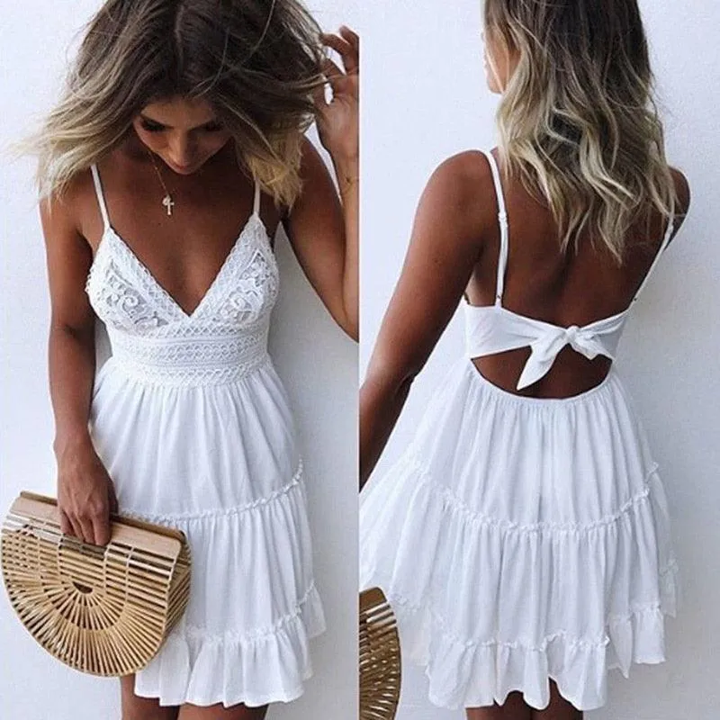 V Neck Lace Sleeveless Spaghetti Strap Dress