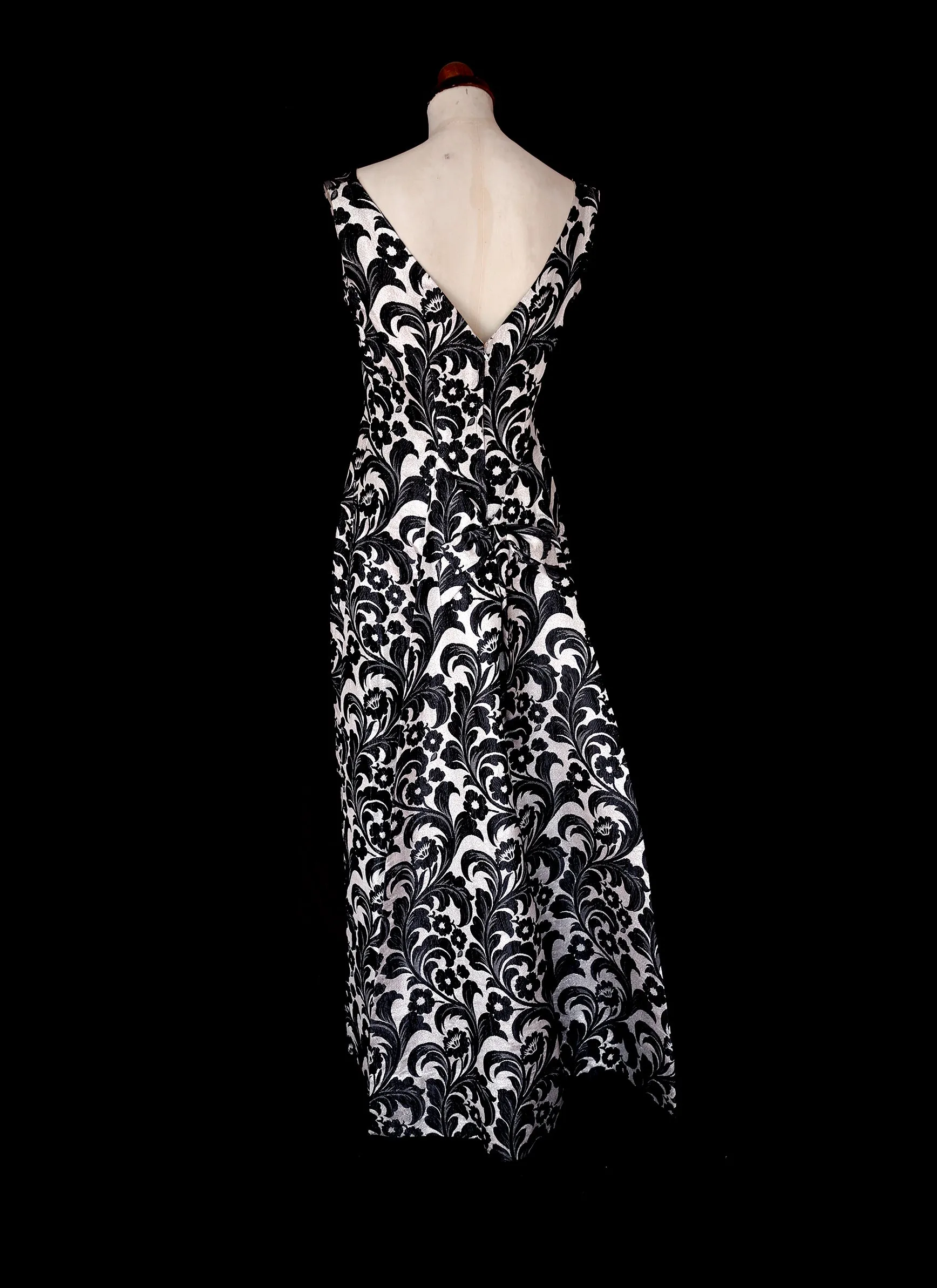 Vintage 1960s Black Silver Brocade Maxi Dress