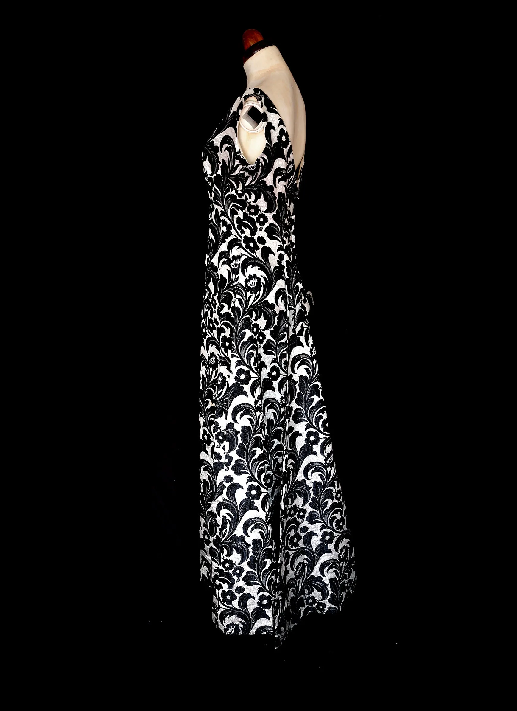 Vintage 1960s Black Silver Brocade Maxi Dress