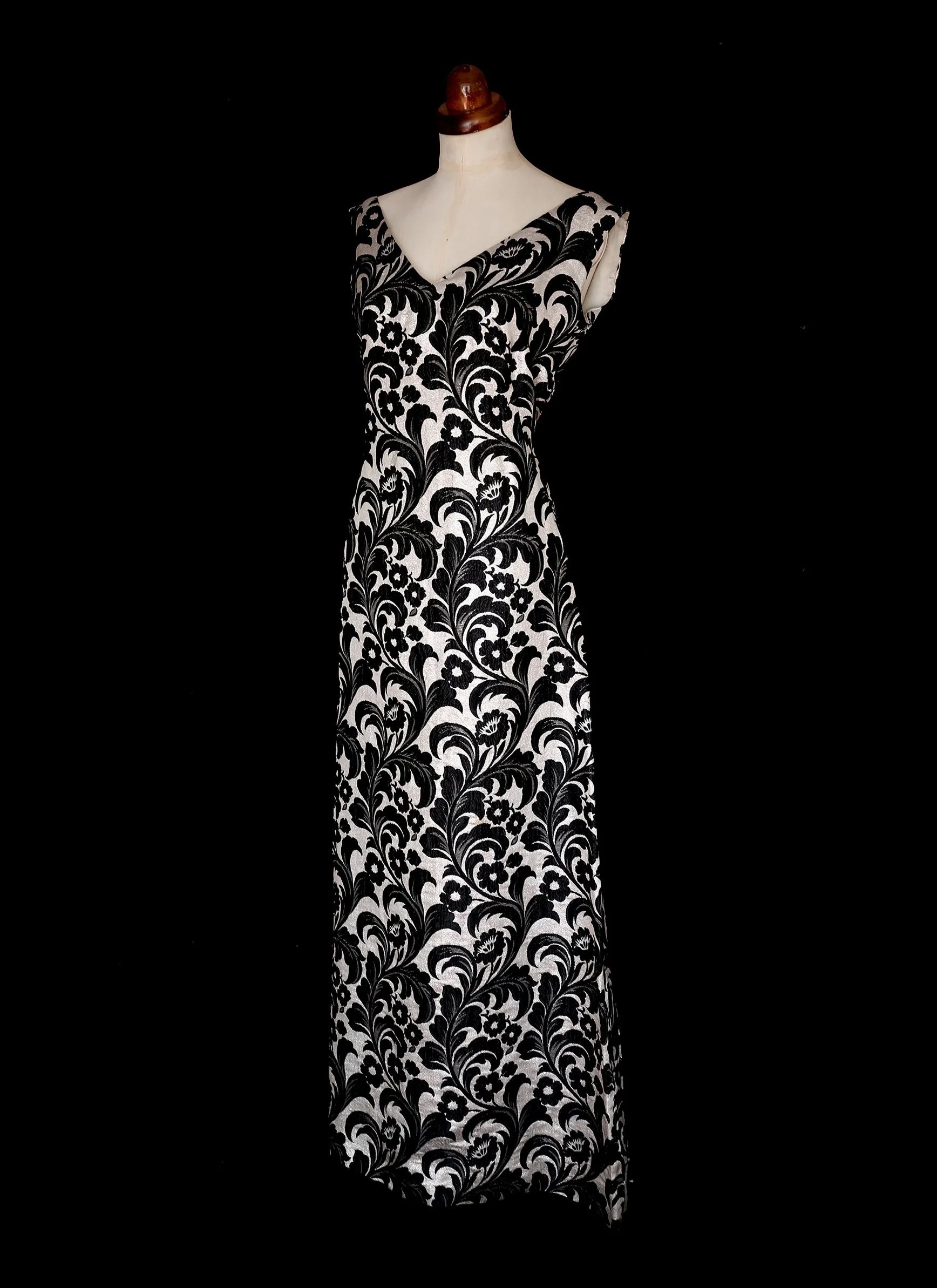 Vintage 1960s Black Silver Brocade Maxi Dress