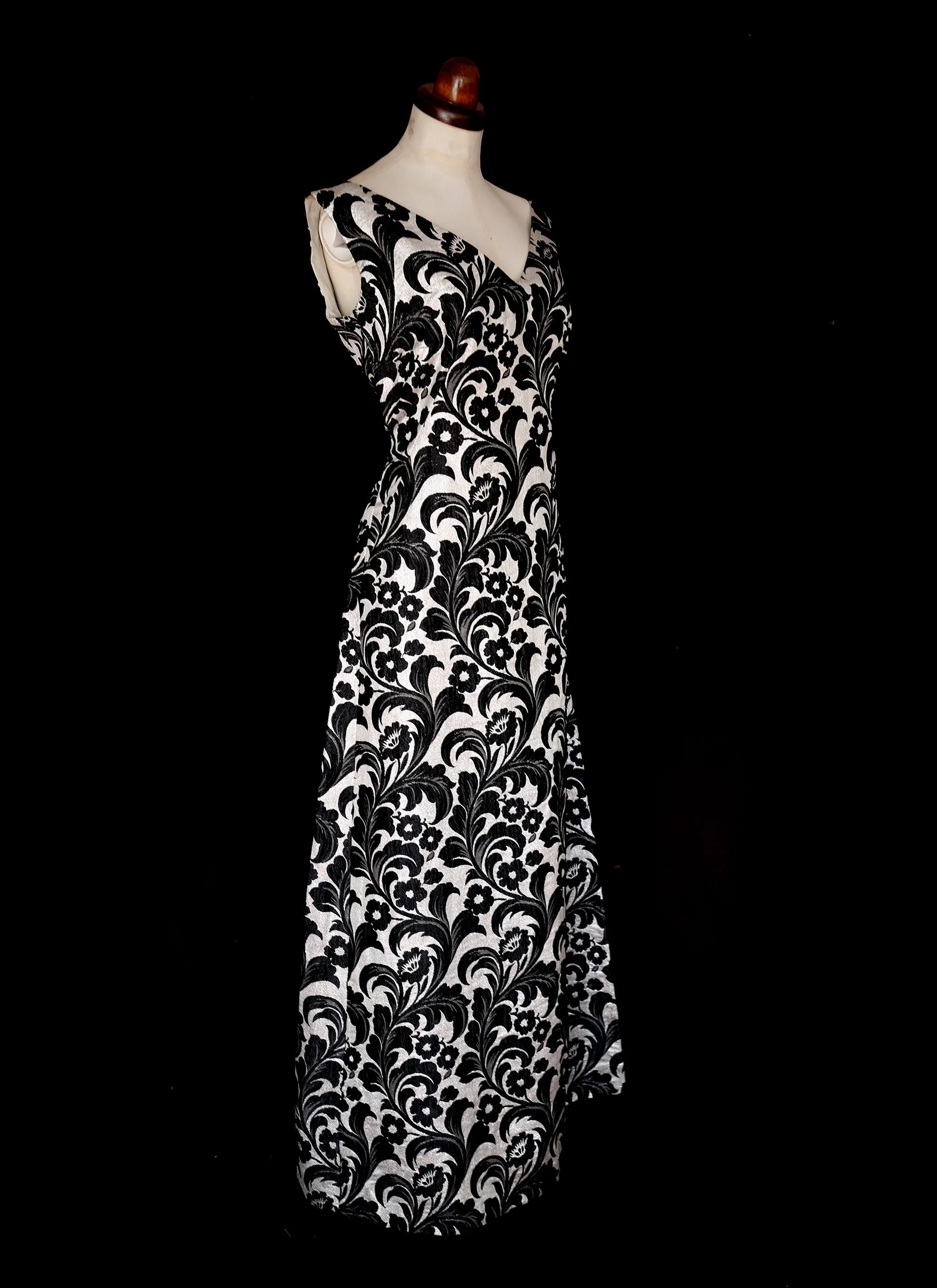 Vintage 1960s Black Silver Brocade Maxi Dress