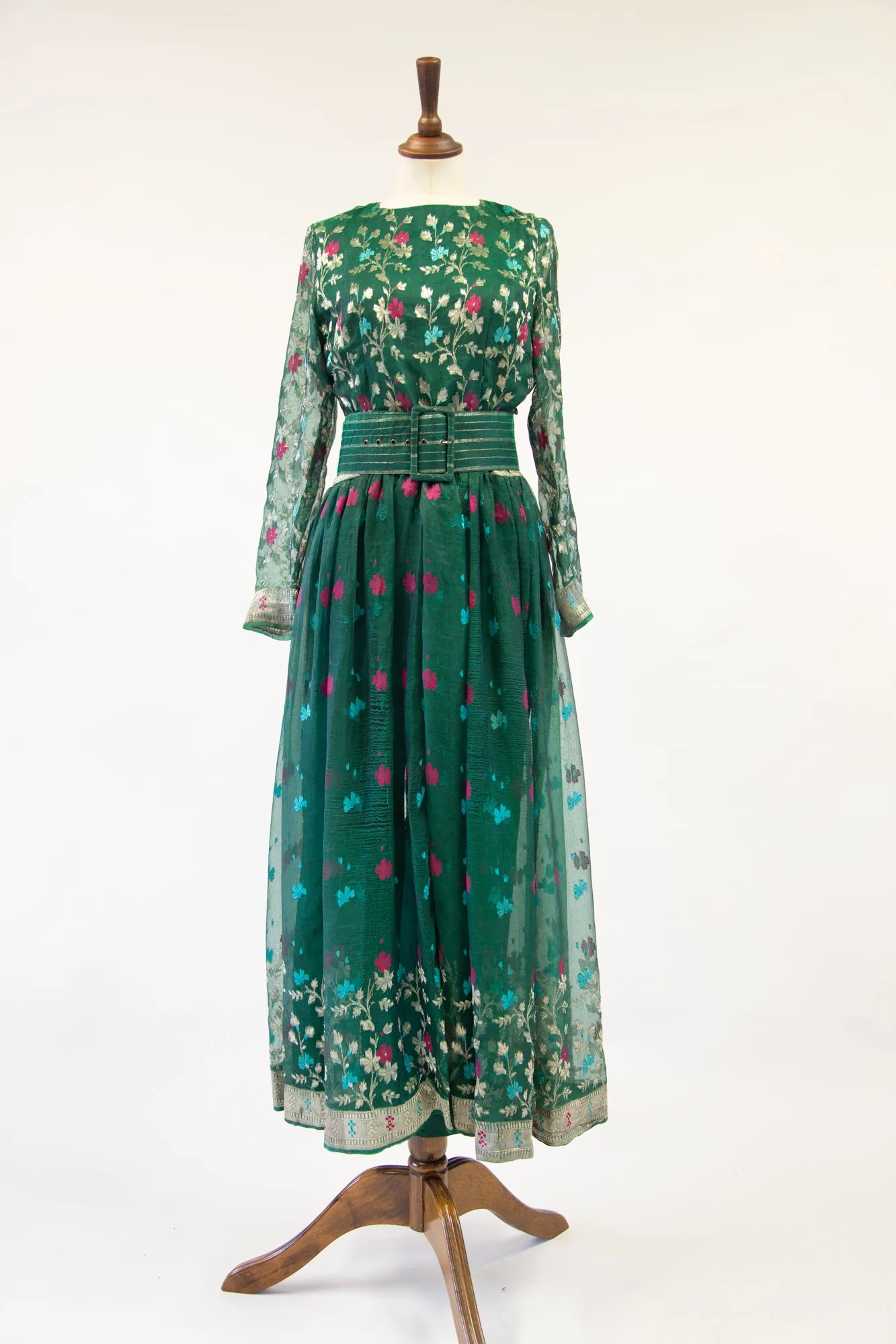 Vintage 1980s Green Silk Saree Dress Set