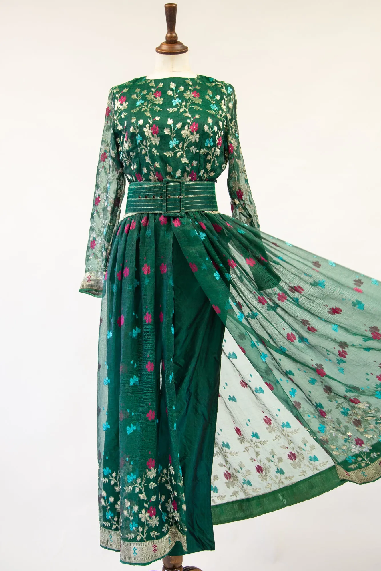 Vintage 1980s Green Silk Saree Dress Set