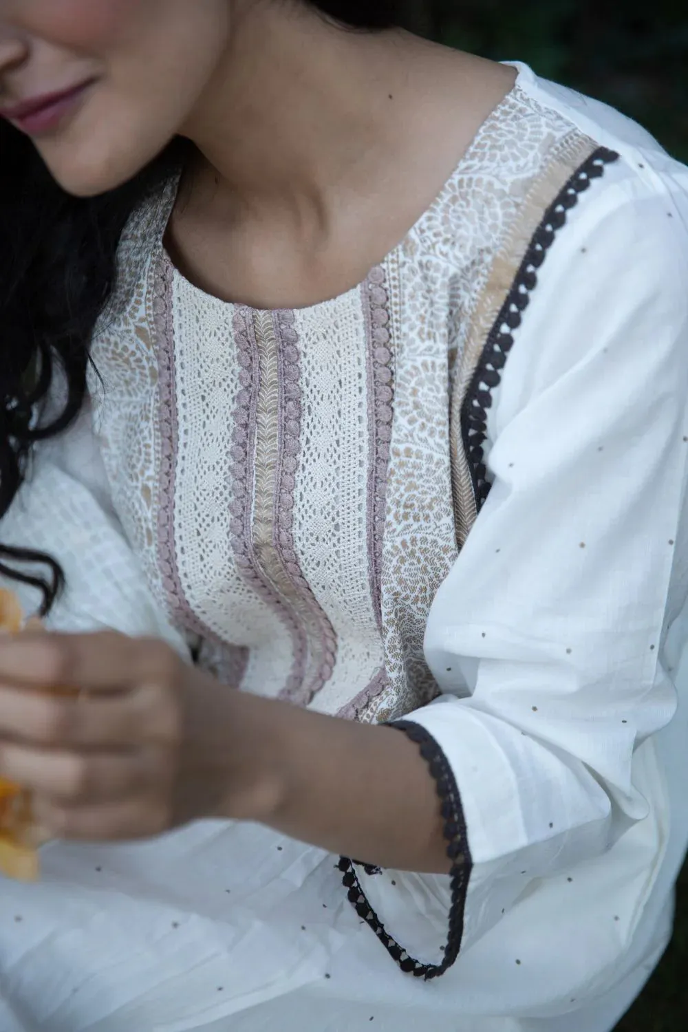 White Cotton A Line Embroidered Suit Set with Doriya Dupatta