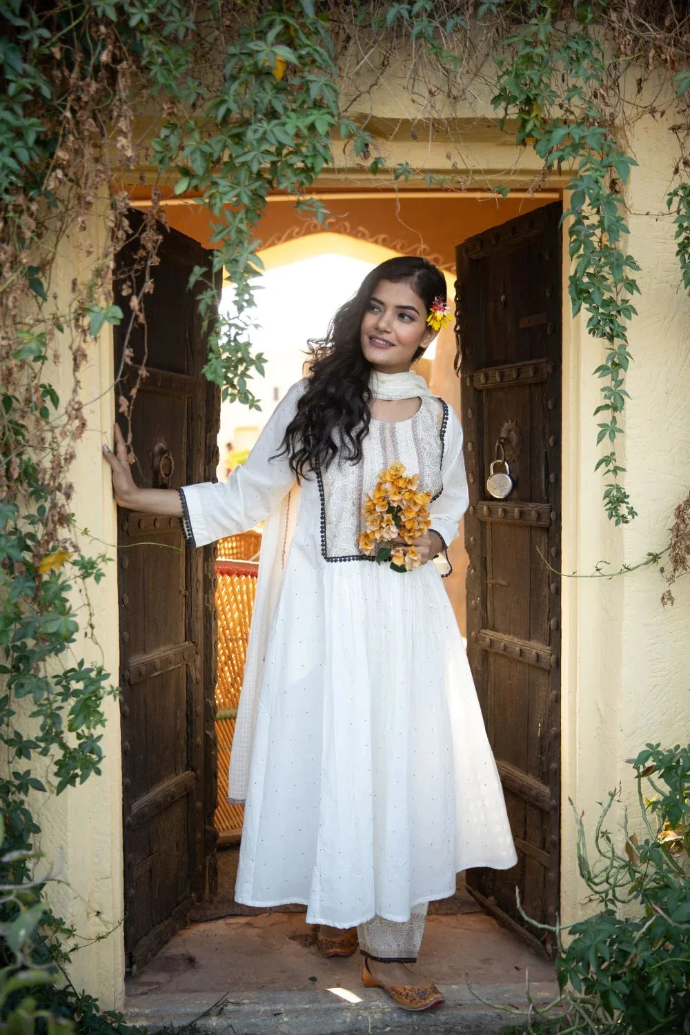 White Cotton A Line Embroidered Suit Set with Doriya Dupatta