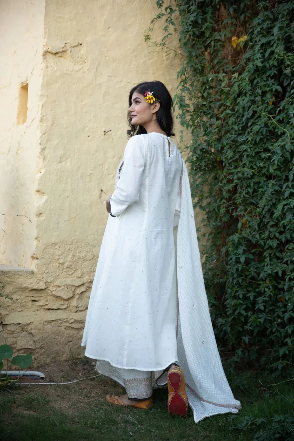 White Cotton A Line Embroidered Suit Set with Doriya Dupatta