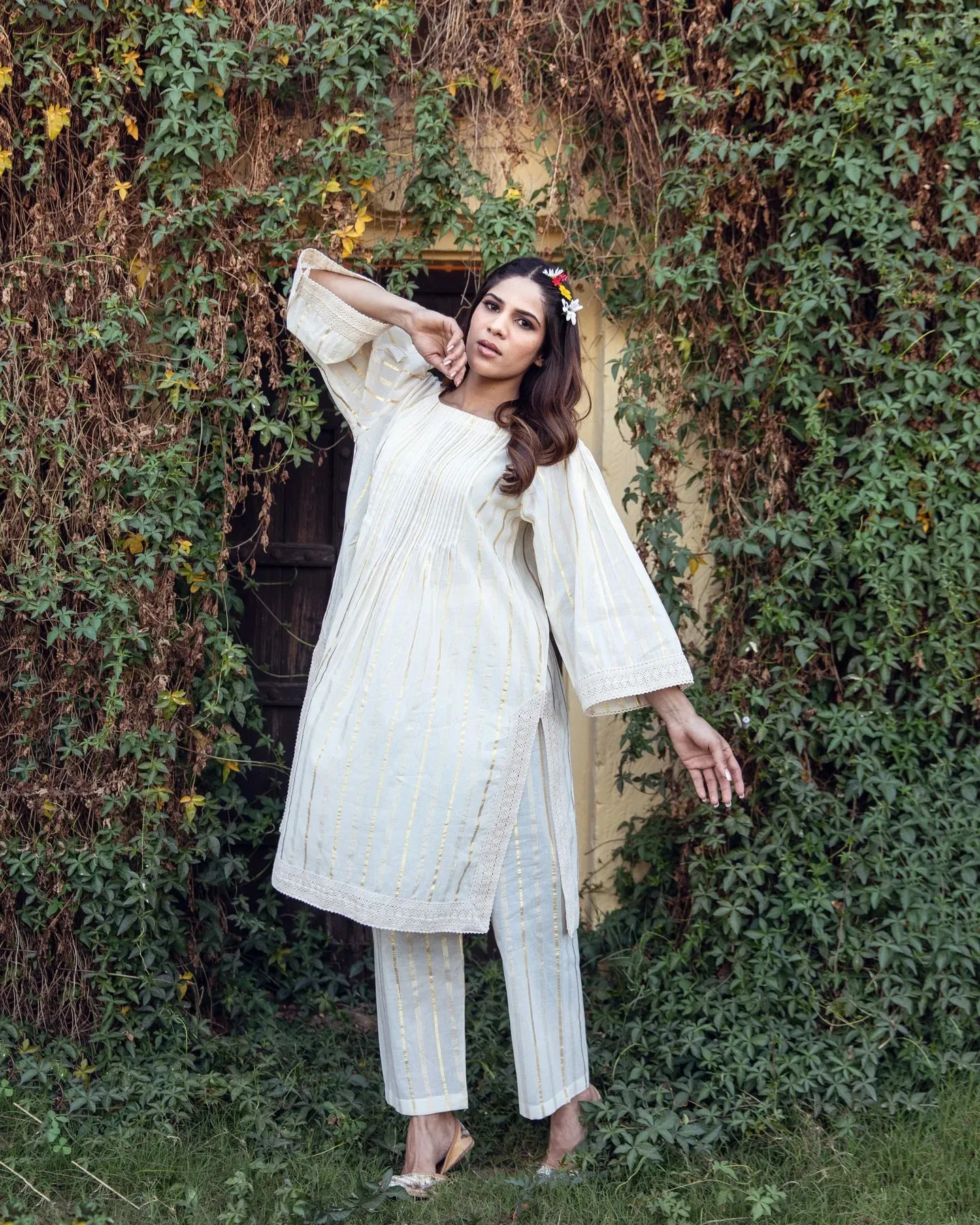 White Cotton Lace Detailing Kurta Pant Set