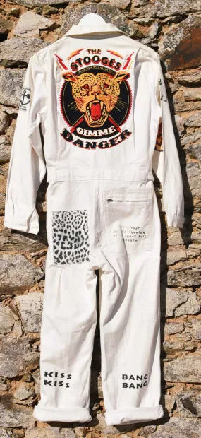 White coverall hand embroidery chainstitch The Stooges/ combinaison blanche brodée points de chaînette