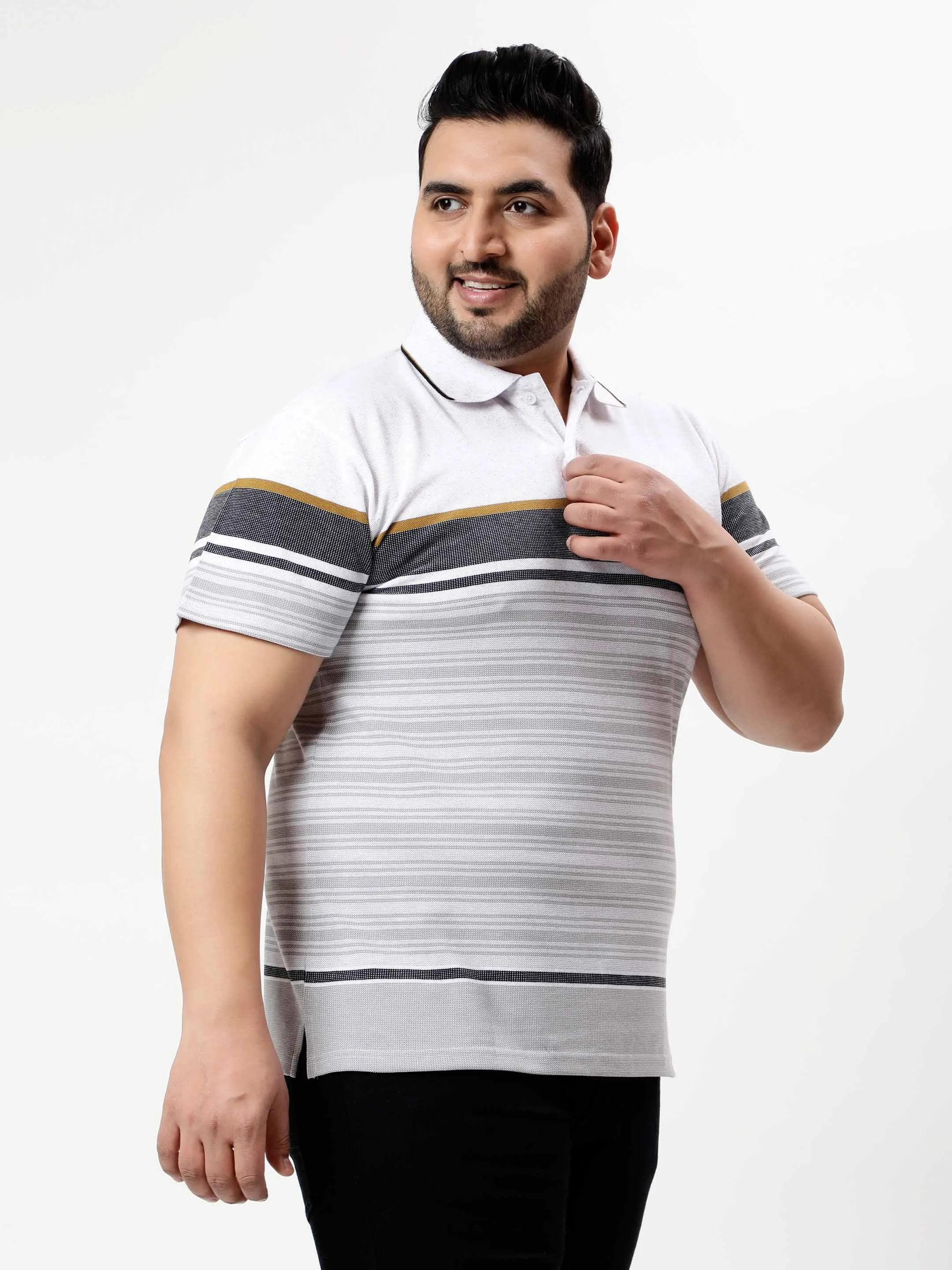 White Horizontal Striped Premium Polo T-shirt