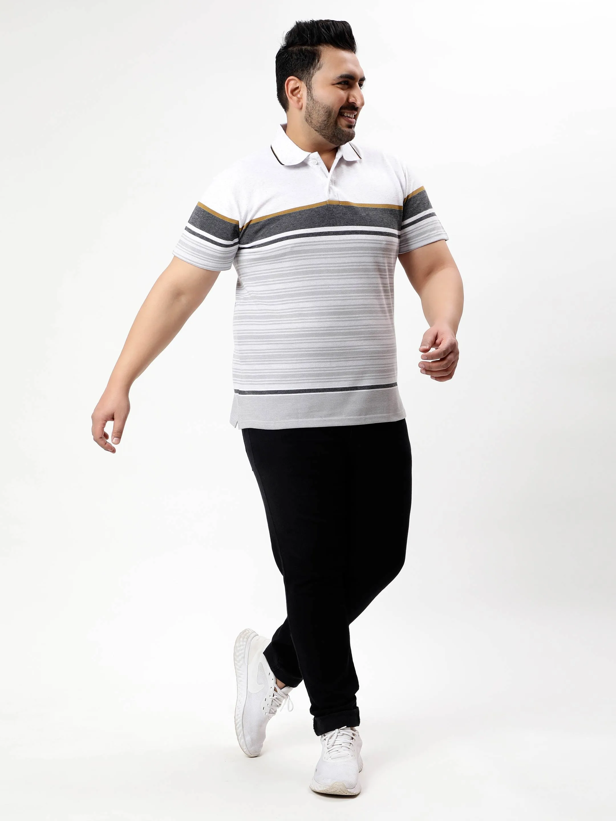 White Horizontal Striped Premium Polo T-shirt