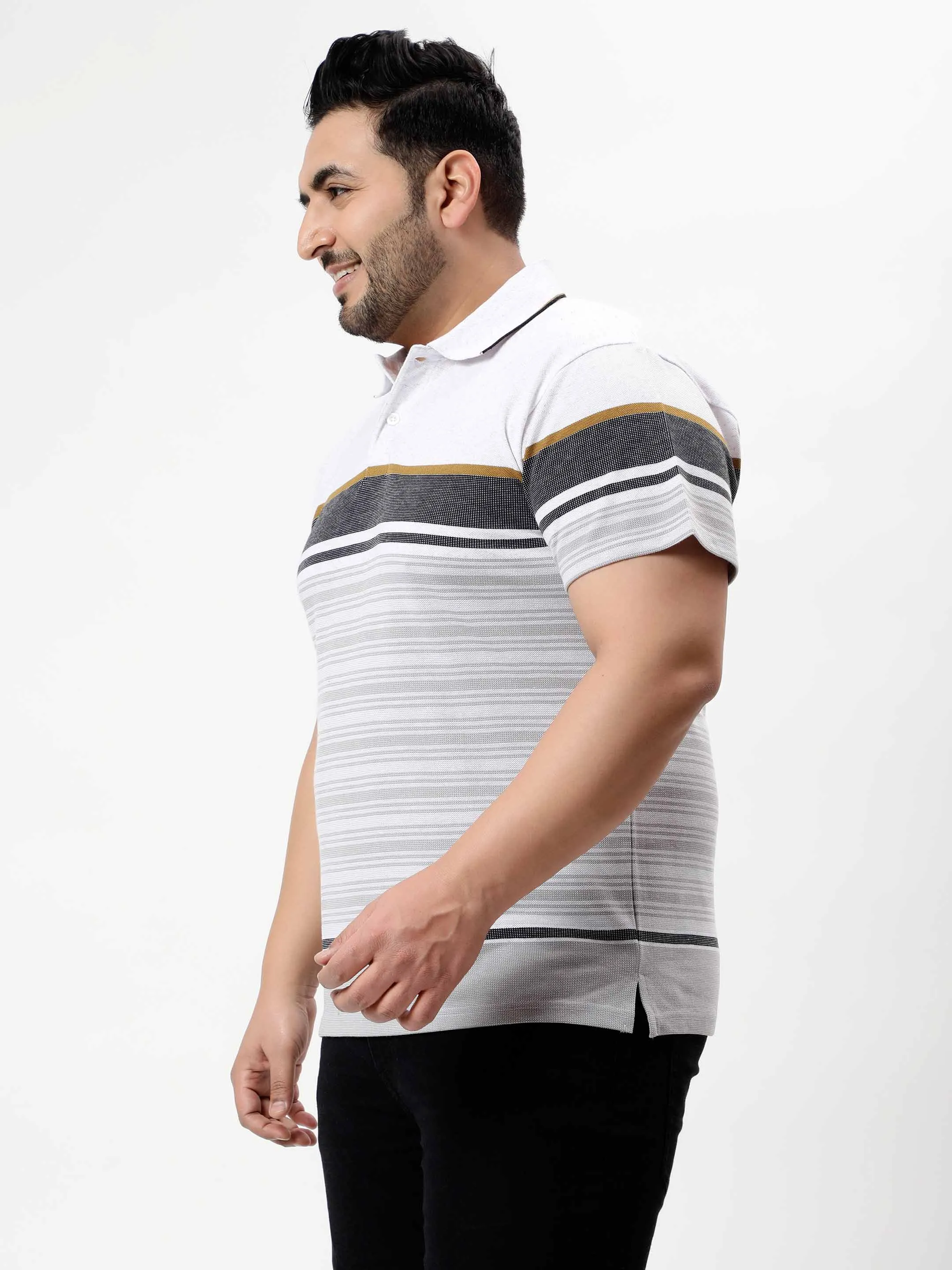 White Horizontal Striped Premium Polo T-shirt