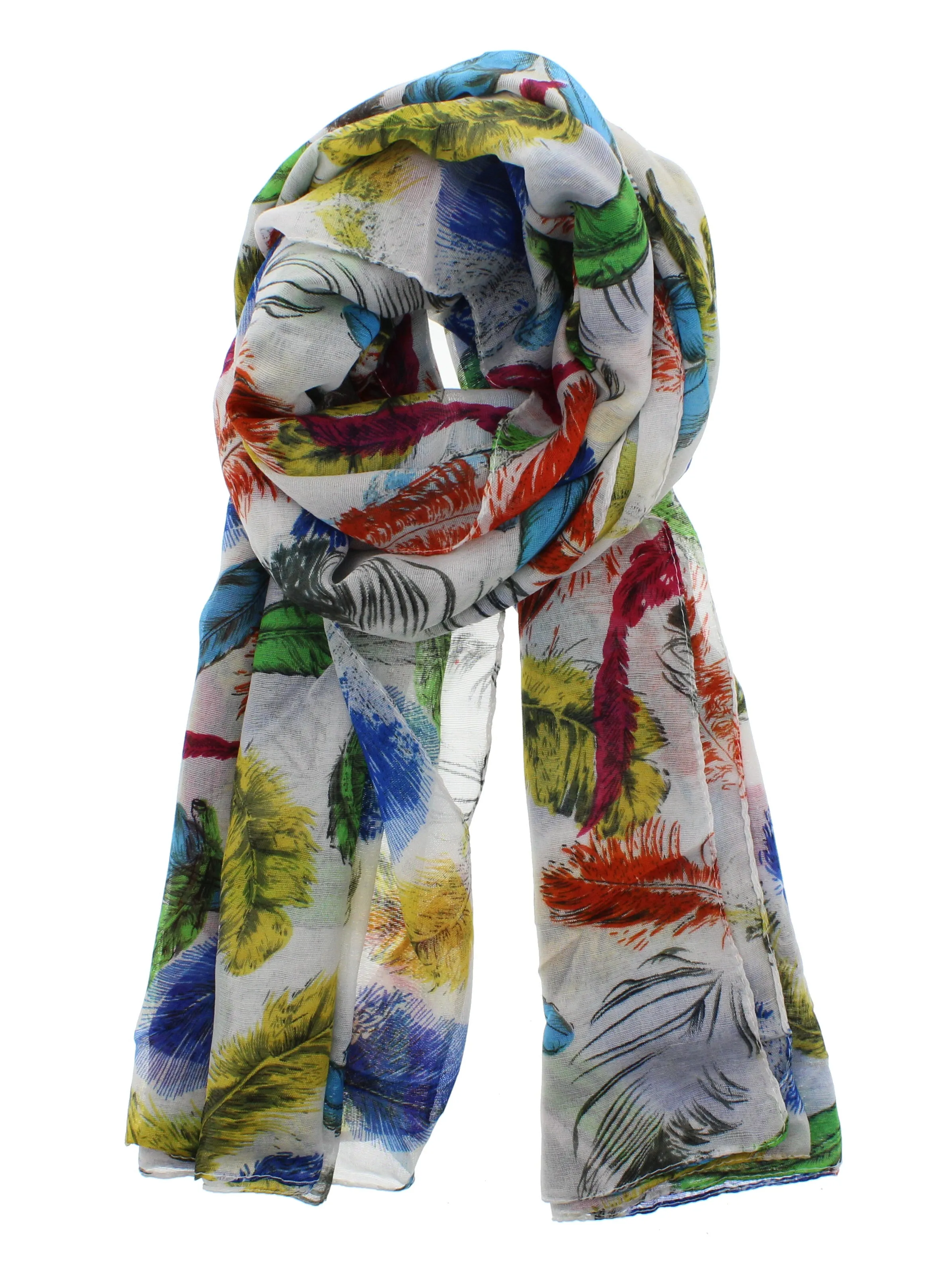 White Scarf with Multicolour Feathers