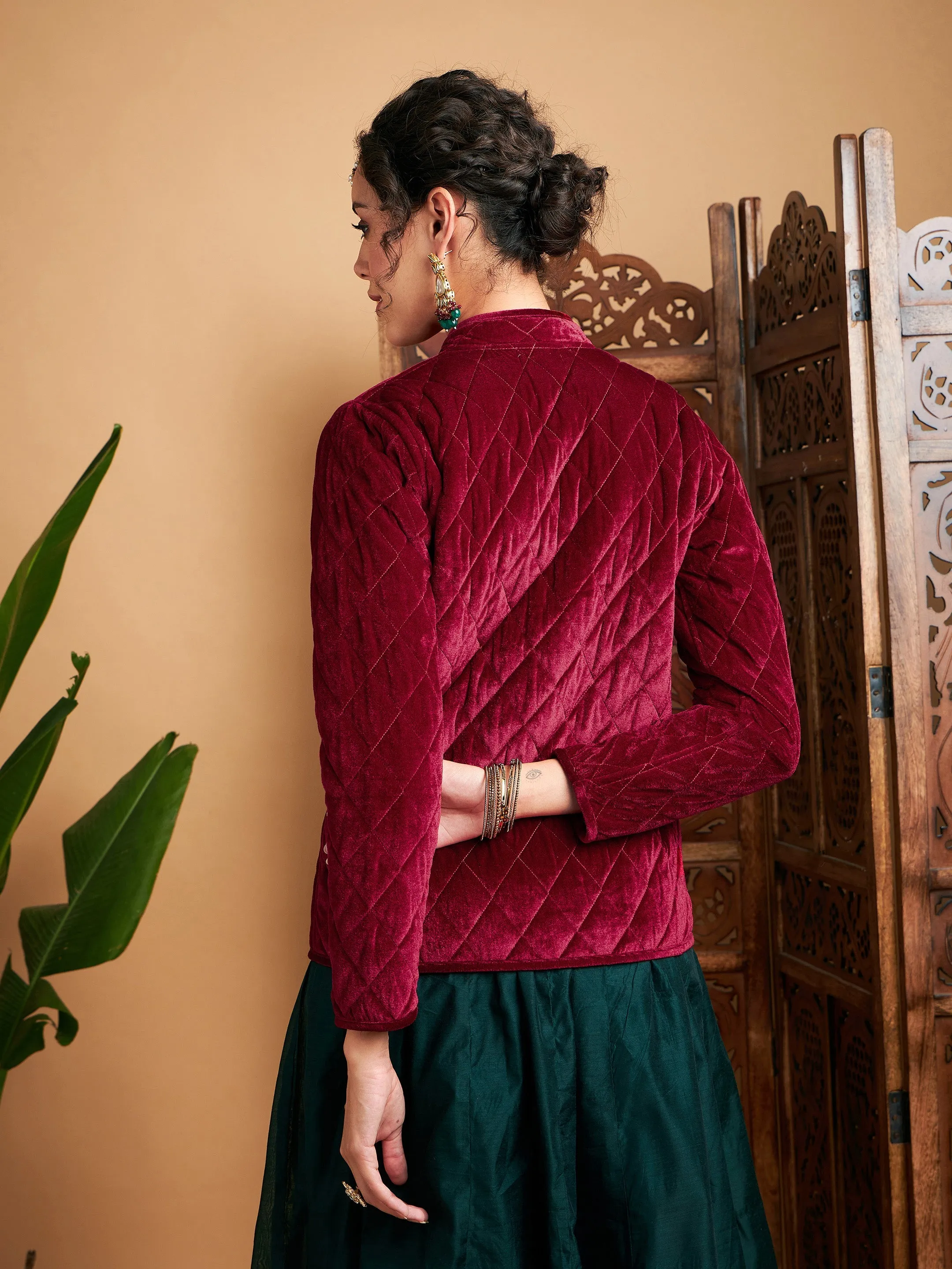 Women Maroon Velvet Quilted Jacket