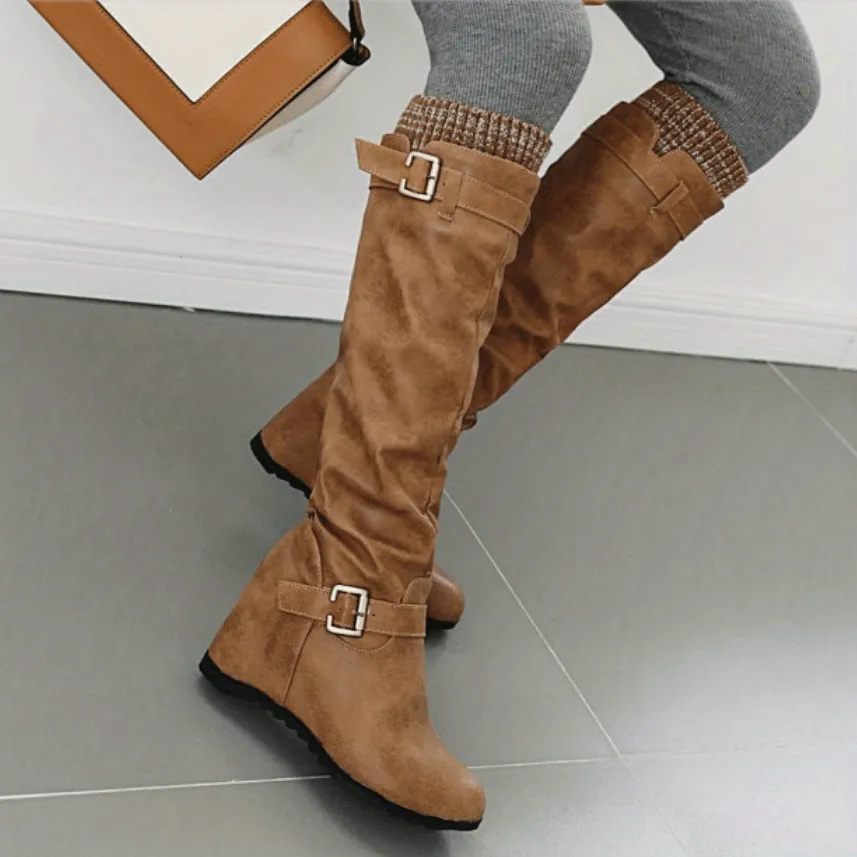 Womens Luxurious Velvet Knee High Boots - Rich Solid Color, Round Toe, Buckle Accent - Cozy Thermal Lining, Height Enhancing, Ultra-Comfortable, Versatile All-Occasion Shoes