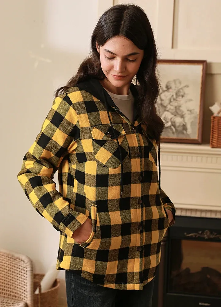 Women's Matching Family Buffalo Yellow Quilted Lined Flannel Hoodie