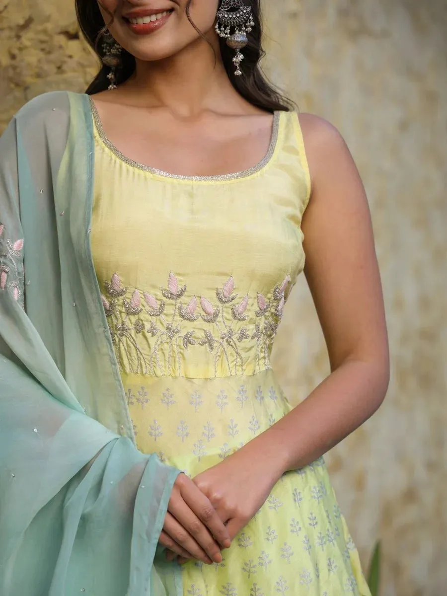 Yellow & Blue Viscose Muslin Block Print & Embroidered Sharara Set with Organza Dupatta