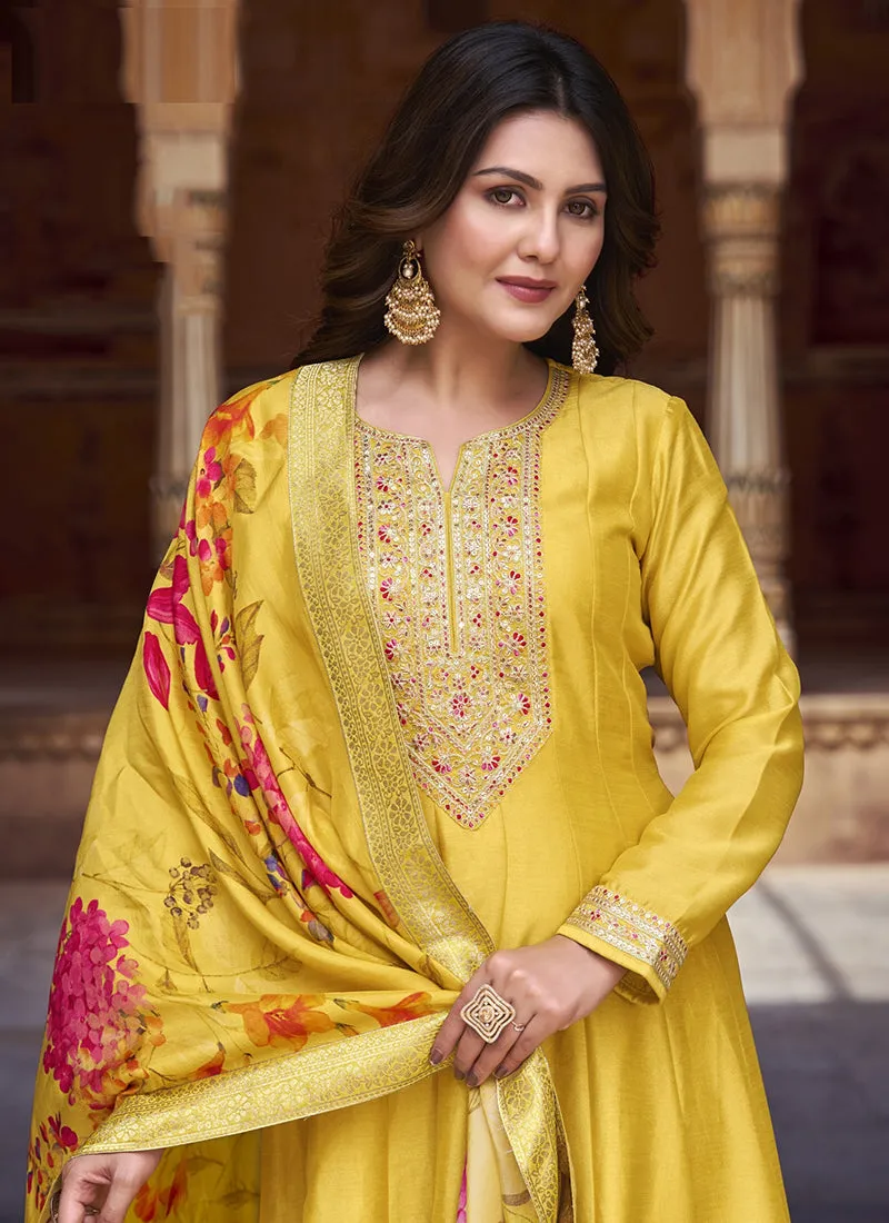 Yellow Multi Embroidery Silk Anarkali Dress