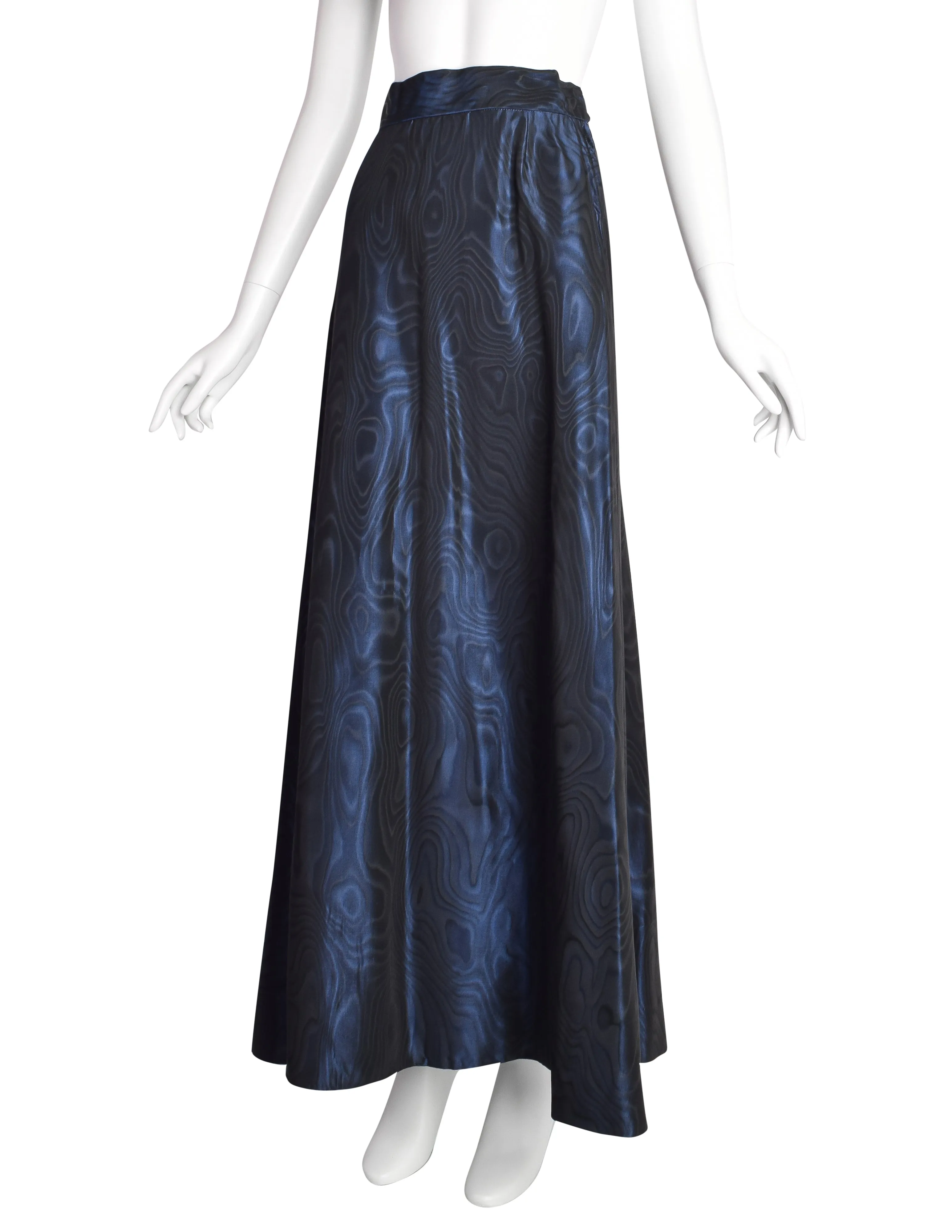 Yves Saint Laurent Vintage 1970s Midnight Blue Metallic Moire Taffeta Evening Maxi Skirt