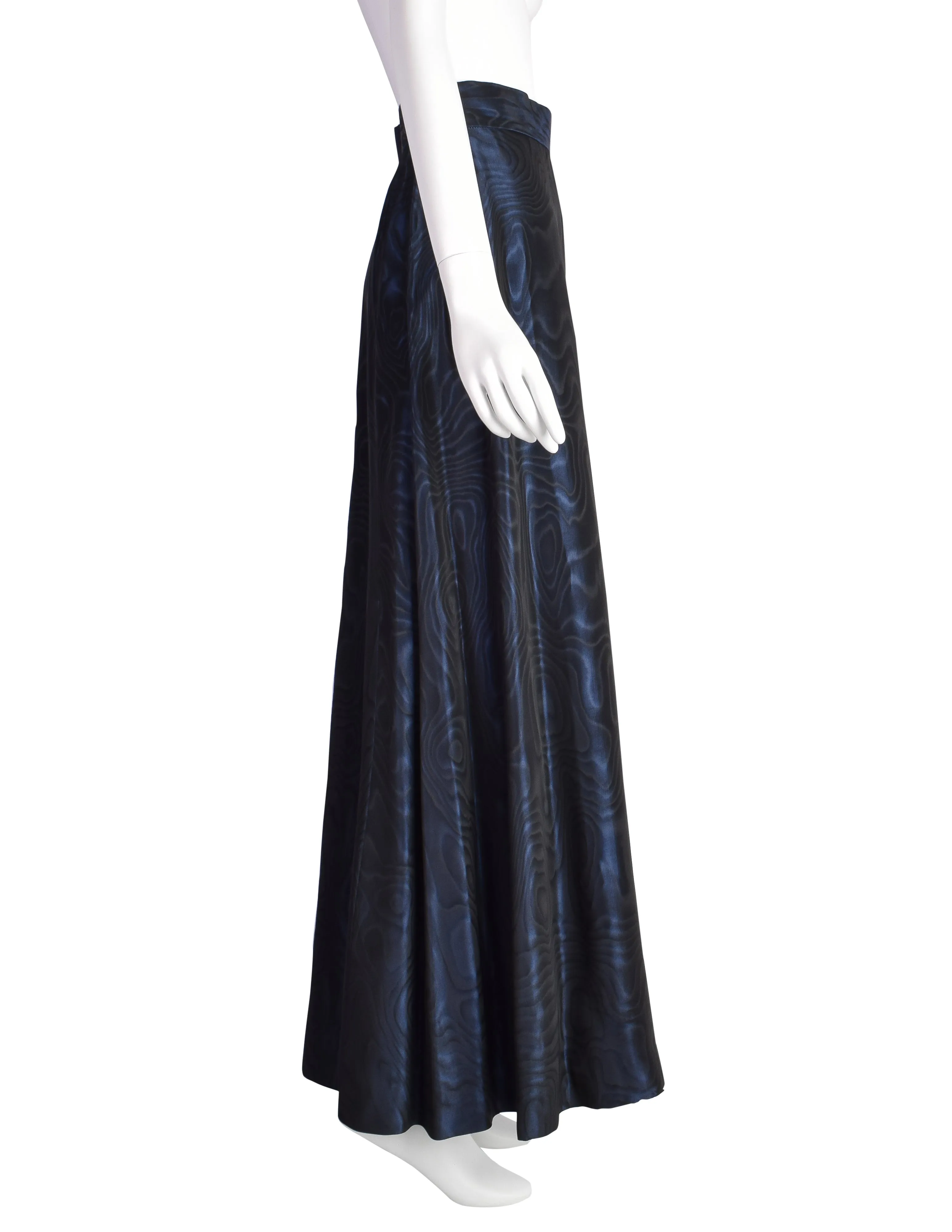 Yves Saint Laurent Vintage 1970s Midnight Blue Metallic Moire Taffeta Evening Maxi Skirt